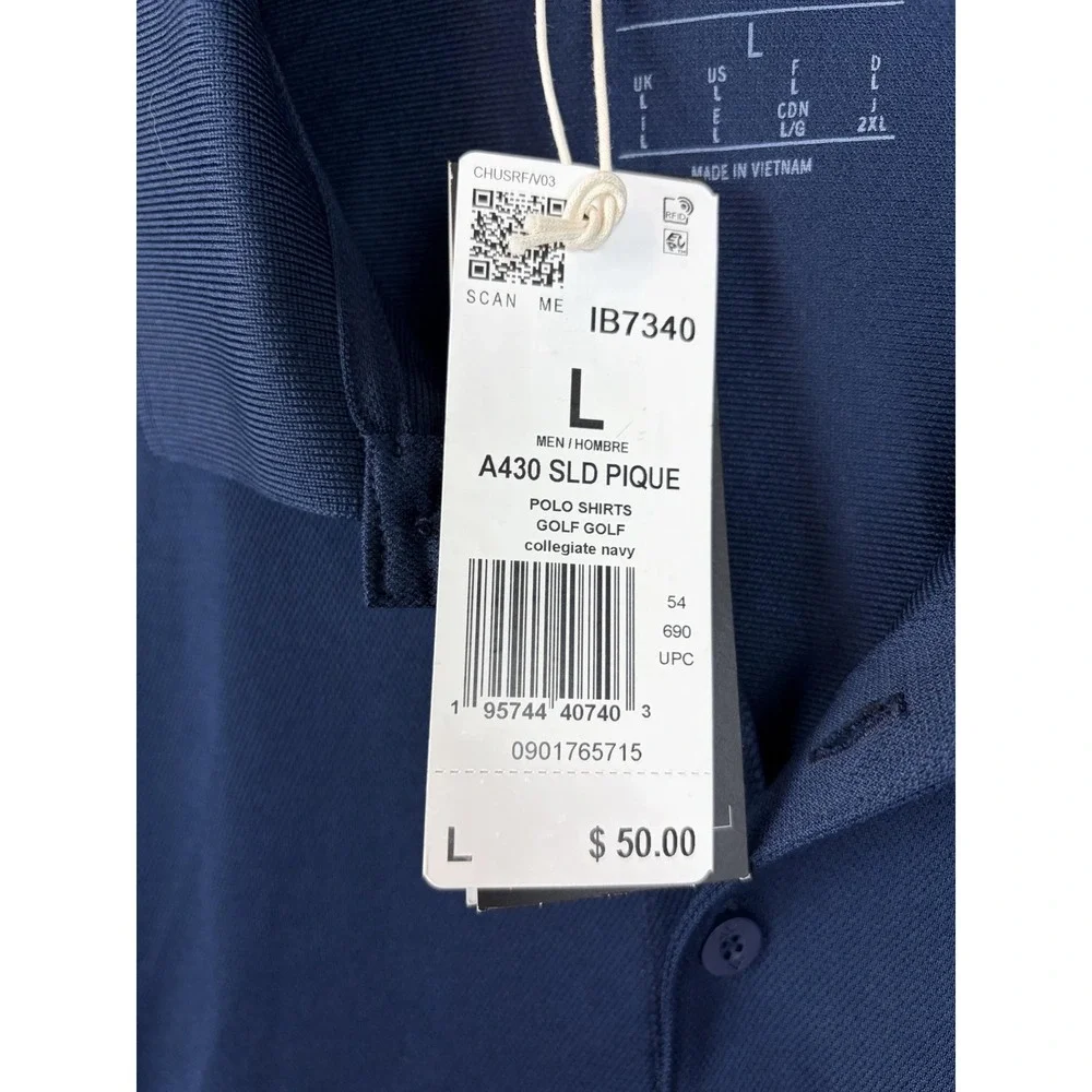 Adidas Polo Shirt Men Large Navy Blue A430 Solid Pique Golf Performance Knit New